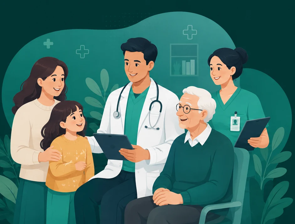 MostHelt üzerinden sağlık profesyoneline ulaşan aile ve sağlık ekibi illüstrasyonu